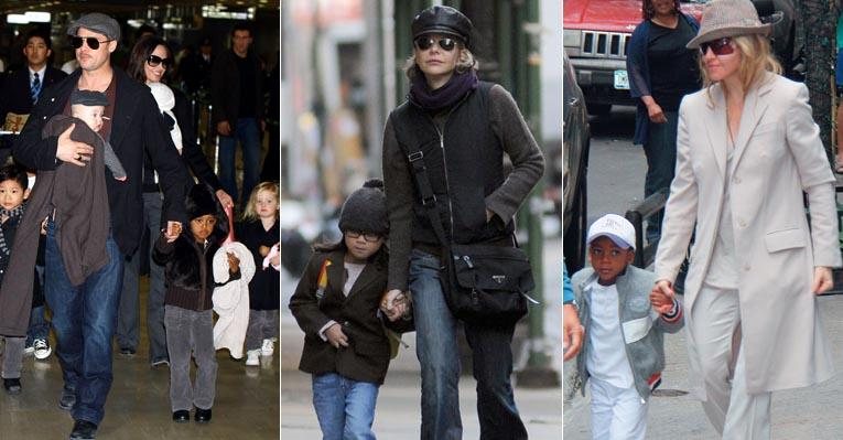 Angelina Jolie com Brad Pitt, Meg Ryan e Madonna aumentaram a família com a adoção de crianças - Fotomontagem