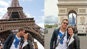 O cantor e a jornalista trocam carinhos diante da Torre Eiffel, na capital da França. Pai de Marco,
o casal aprecia o Arco do Triunfo, ao fim da histórica avenida Champs-Elysées. - -